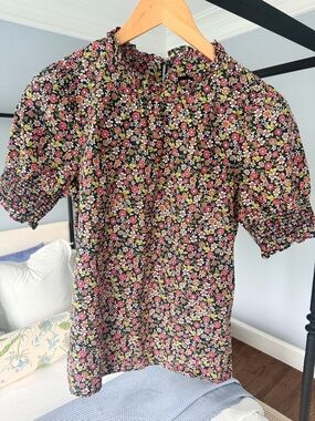 J.Crew Navy Floral Puff Sleeve Blouse with Pink & Green Flowers